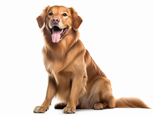 Happy puppy dog smiling on isolated white background. Studio shot dog. Generative AI.