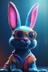 Cool bunny with sunglasses on colorful blurred background. Generative Ai