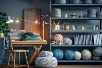 Workplace for hobby knitting. Threads and tools, super photo realistic background. Generative ai illustration