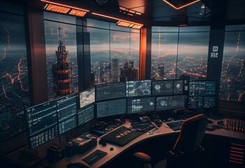Security / Network Operations Center at the top of a Sky Scraper Building. 3D render. Generative AI