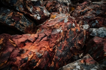 Obraz premium Brown rock texture close-up with cracks. Rough mountain surface. Stone granite background for design and nature. Generative ai.