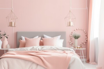 Bedroom Mock-up with Pink Colour Scheme | Wooden armchair on patterned carpet in pink bedroom interior with flowers next to bed | Bedroom Mock-up with Green Colour Scheme, Generative AI