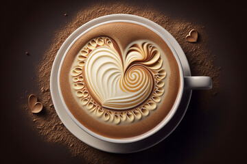 Cappuccino or coffee top view with love heart. Espresso beverage with foam in the shape of a heart seen from above. Ai generated