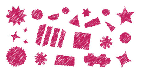 Pink, Purple Y2K Cartoon Hand Drawn Shapes, Figures. Pencil, pen or marker doodle scribble sketch star, square, puzzle, spark in brutalism style (Full Vector)