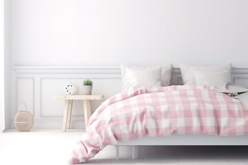 Fototapeta na wymiar Bedroom Mock-up with Pink Colour Scheme | Wooden armchair on patterned carpet in pink bedroom interior with flowers next to bed | Bedroom Mock-up with Green Colour Scheme, Generative AI