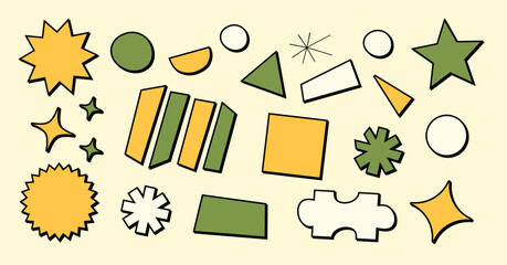 Cartoon 90s Groovy Geometric Shapes, Figures. Psychedelic Yellow, Green and White Retro Elements Collection (Full Vector)