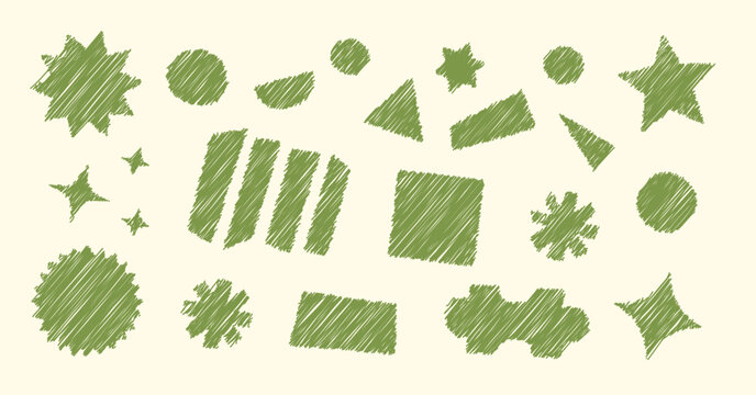 Green Y2K Cartoon Hand Drawn Shapes, Figures. Pencil, pen or marker doodle scribble sketch star, square, puzzle, spark in brutalism style (Full Vector)