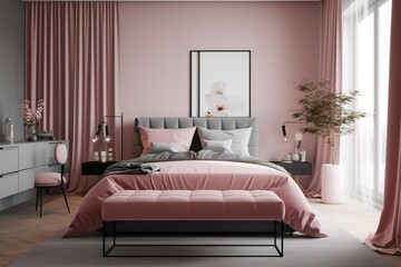 A pink bedroom with a picture on the wall | Cosy modern pink bedroom | luxurious pink bedroom with wide bed and beautiful decorative elements, Generative AI