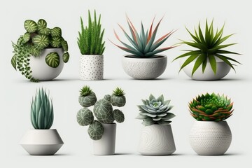 Collection of different cactus in pots isolated on white background