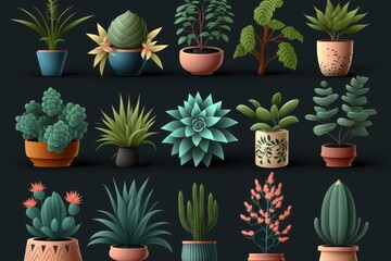 Set of houseplants in pots isolated on dark background.