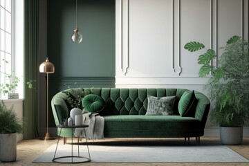 Interior with green sofa. 3d render illustration mock-up