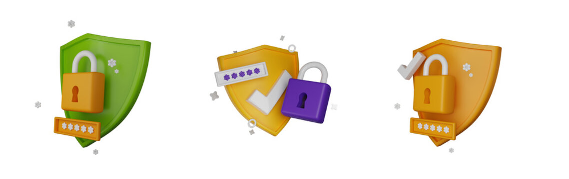 3D shield secure icon set, authentication render lock password, secret personal data protection. Antivirus badge, internet fraud security safe clipart, PIN entry field. 3D shield padlock collection