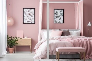 A pink bedroom with a picture on the wall | Cosy modern pink bedroom | luxurious pink bedroom with wide bed and beautiful decorative elements, Generative AI