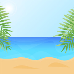 Fototapeta na wymiar beach landscape. summer sunny day with a view of the sea and the beach, palm trees. Vector illustration. beach holidays. copy space