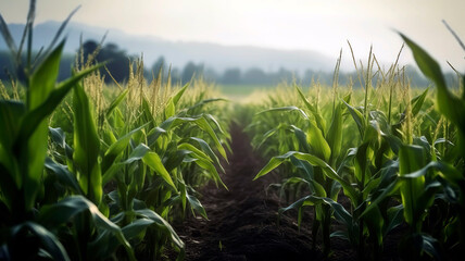 Organic maize farm or corn field seeding and plantign agriculture, sweet corn garden farmland , field in countryside plantation.