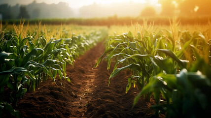 Organic maize farm or corn field seeding and plantign agriculture, sweet corn garden farmland , field in countryside plantation.