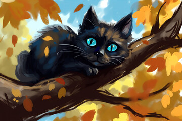 A small cute cat in autumn surroundings, created with Generative Al technology.