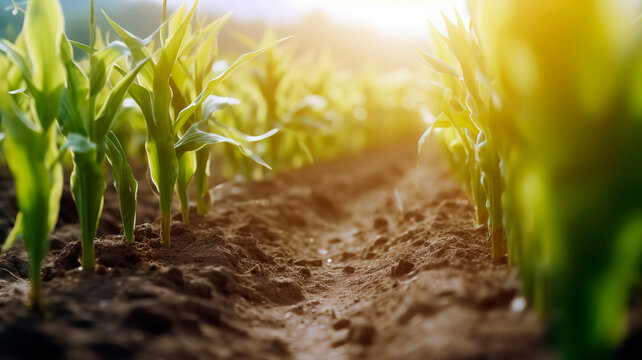 Organic maize farm or corn field seeding and plantign agriculture, sweet corn garden farmland , field in countryside plantation.