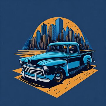 tshirt design of a retro blue pickup car with a city in the background. Generative AI