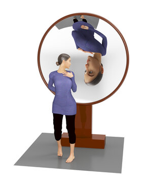 3D illustration of a woman looking at her enlarged and inverted image reflected by a big round concave mirror