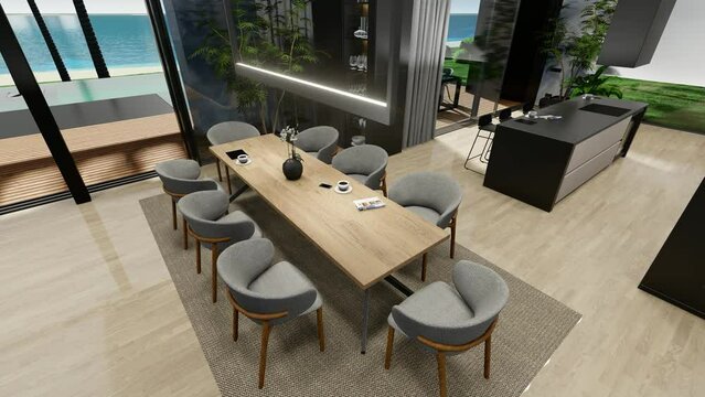 4K video rendering of modern cozy interior with living,dining zone stair and kitchen for sale or rent with wood plank by the sea or ocean. Spacious apartments with expensive furniture and equipment.