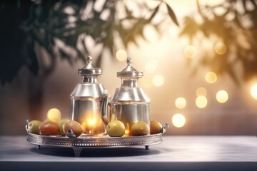 Muslim Holy Month Ramadan Kareem - Ornamental Arabic Lantern With Burning Candle Glowing At Evening,generative ai.