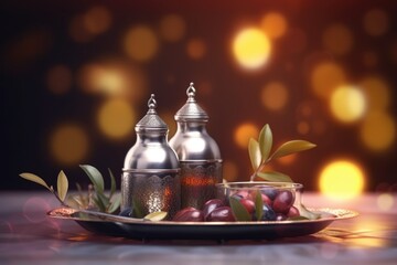 Muslim Holy Month Ramadan Kareem - Ornamental Arabic Lantern With Burning Candle Glowing At Evening,generative ai.