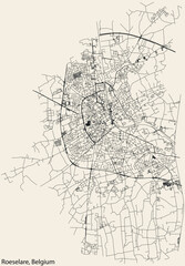 Detailed hand-drawn navigational urban street roads map of the Belgian city of ROULERS, BELGIUM with solid road lines and name tag on vintage background