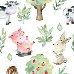 Watercolor farm seamless pattern with animals and leaves. Cute cartoon characters. © Tapilipa