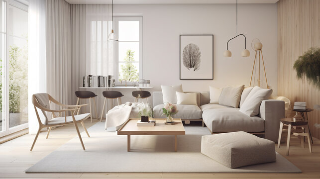 Design interior living room with sofa and armchair in pastel color, generative ai