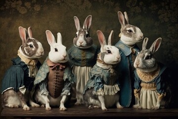 Rabbit animals dressed in victorian era clothing illustration generative ai - obrazy, fototapety, plakaty