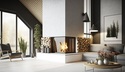 Modern home interior with fireplace Scandinavian, generative ai