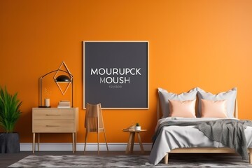 Mock-up with horizontal picture frames in the bedroom as background. Ideal as a presentation for products such as posters, paintings, canvases or murals. Empty frame for photos orange, Generative AI