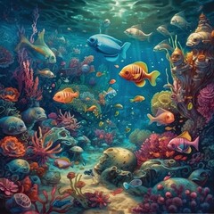 Fototapeta na wymiar coral reef in the sea, sea life with different fishes