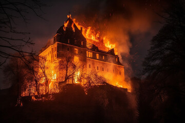 Fototapeta premium Castle on fire. Big conflagration or arson burning disaster with flames. Danger and destruction due to property blaze. Ai generated