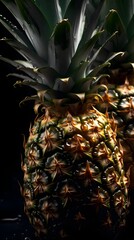 Fototapeta premium Fresh pineapple in water drops on black background, Summer fruits. Generative ai