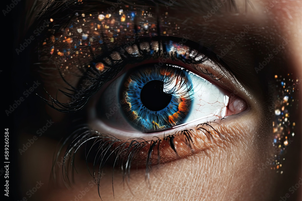 Wall mural galaxy and stars overlaid on the intricate patterns of a beautiful female eye created using generati