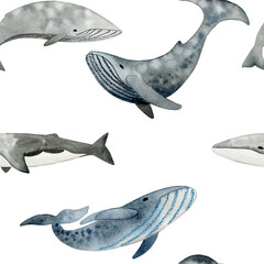 Seamless pattern with watercolor whales. © Tapilipa