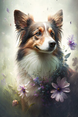 Watercolor Style Dog with Flowers and Plants on White Background Created Using Generative Ai