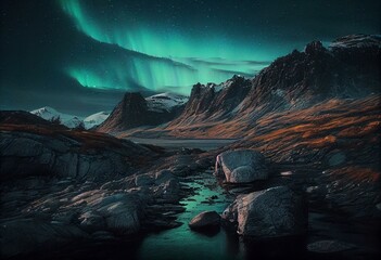 Obraz na płótnie Canvas Green Aurora Lights over Rugged Landscape. Beautiful Northern Lights Background with copy-space. Generative AI