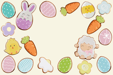 Vector design Easter gingerbread cookies. Rabbits, bunny, chicken and eggs with different pattern icing