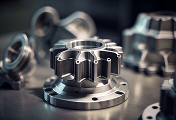 Fototapeta na wymiar Aluminum Machined Parts by CNC Machine,Anodize Aluminum.Metal parts, milling industry. Generative AI