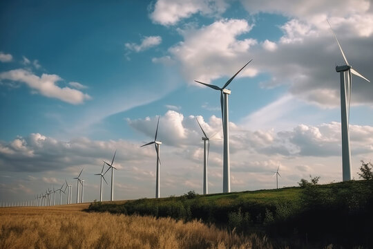 Row of wind turbines in the field. Green energy, green electricity. Generative AI