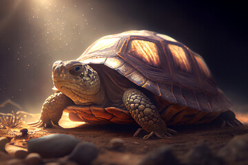 Fototapeta na wymiar A stunning illustration of a tortoise resting on a warm surface, with the sun shining down on its shell, generative ai