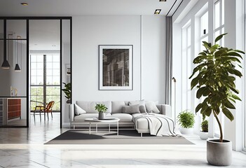 Interior of modern white apartment panorama 3d render. Generative AI