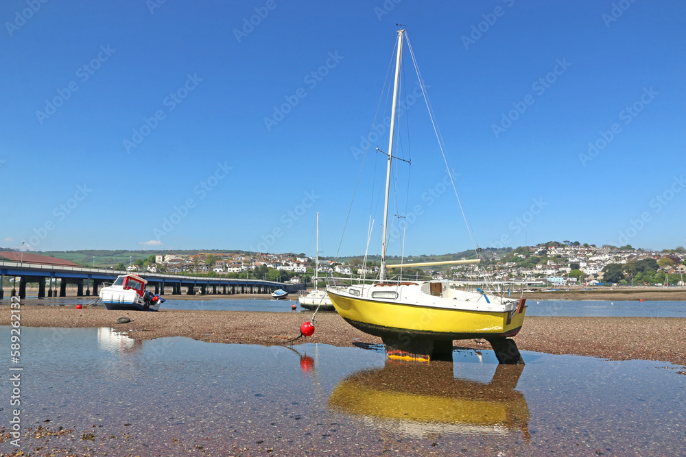 Poster boats on the river teign at shaldon, devon, at low tide