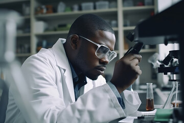 Black scientist in the lab. Young Biotechnology Specialist. Generative AI.