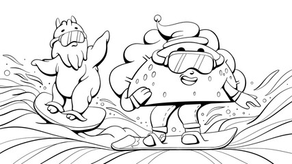 Line style illustration of comic cartoon characters snowboarding. It can be used as art, print, pattern, coloring book, etc.