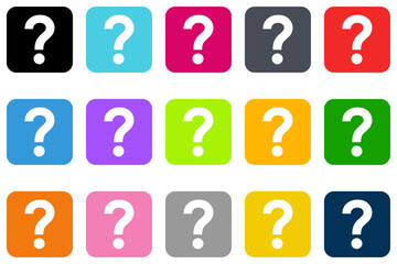 Question mark icon set, flat style square design help symbol with various color, FAQ or query sign vector graphic illustration, colorful buttons for web, app, mobile, label, stamp, sticker.