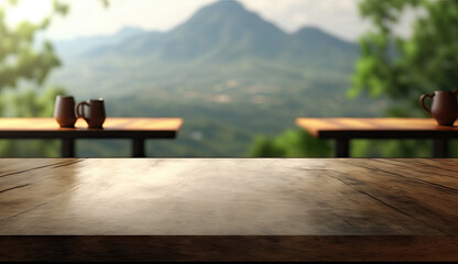 Wooden bar empty blank tabletop focused with blurry nature greenery mountain view  background, for mock up and montage product display advertisement, with Generative AI.